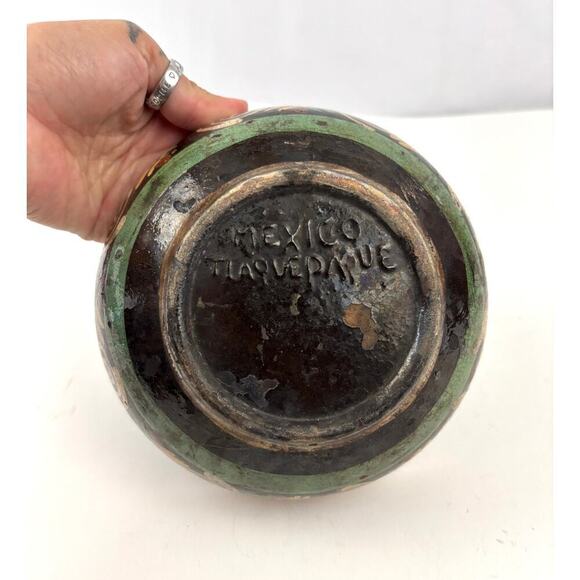 VTG Mexican Iridescent Tlaquepaque Pottery Bowl Hand Painted Terra Cotta - Picture 2 of 11